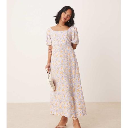 Nobody's Child Petite Lara Midi jurk met pofmouwen in blauw met oranje fijne print-Veelkleurig