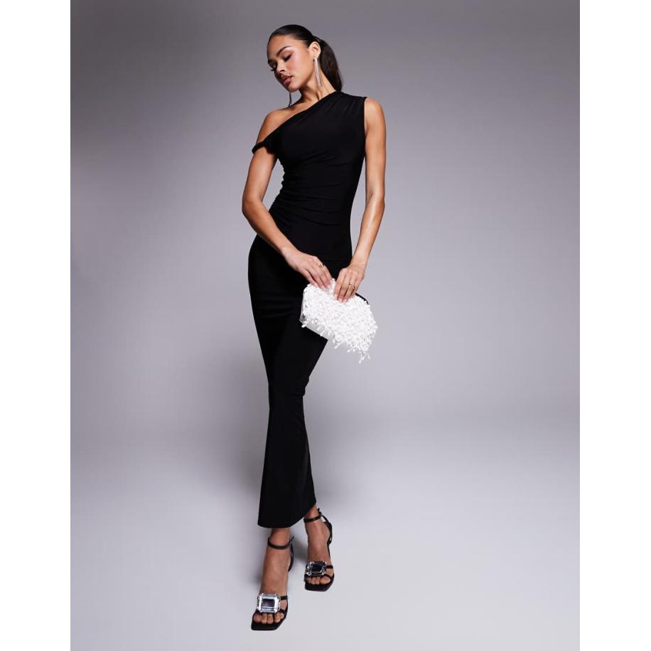 Kaiia Exclusive Bodycon maxi jurk van gelaagde gladde stof met blote schouder en gedraaid detail in zwart Zwart