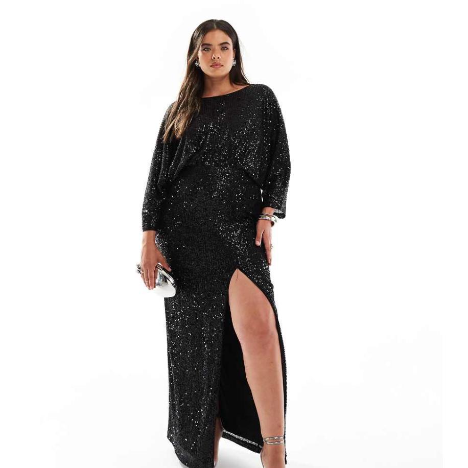 TFNC Plus Maxi jurk met kimonomouwen en lovertjes in zwart Zwart