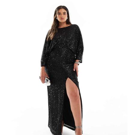 TFNC Plus Maxi jurk met kimonomouwen en lovertjes in zwart