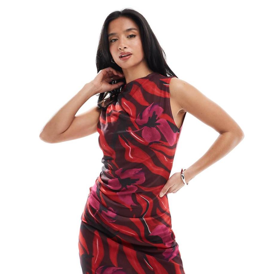 Vero Moda Petite Mini jurk van mesh met hoge hals en print in roze en rood-Veelkleurig Multicolor