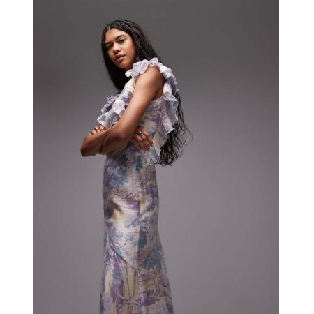 & Other Stories Maxi jurk met ruches langs de randen en lage rug in vintage landschapsprint-Veelkleurig