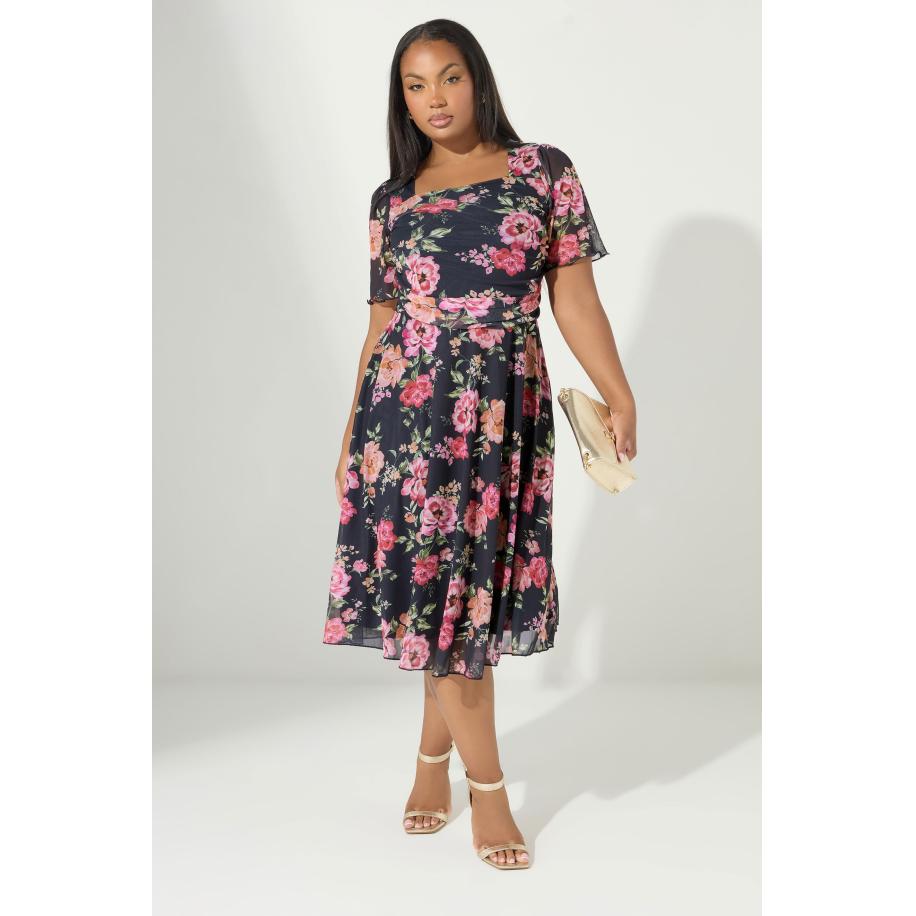 Yours London Curve Marineblauwe Bloemen Mesh Jurk Size 58-60 Blauw