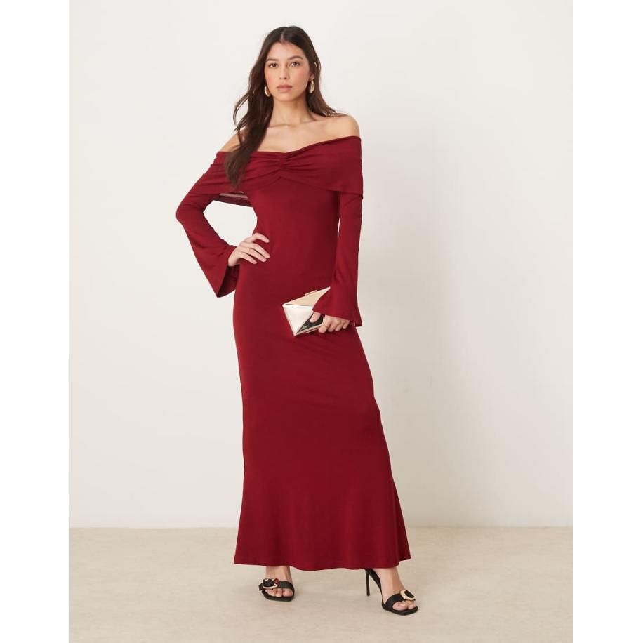 ASOS DESIGN Bardot maxi jurk met rimpeleffect en blote schouders in rood Rood