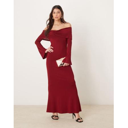 ASOS DESIGN Bardot maxi jurk met rimpeleffect en blote schouders in rood