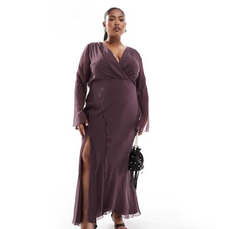 ASOS DESIGN Curve Midi jurk met overslag aan de voorkant en naaddetails in wijnrood-Veelkleurig