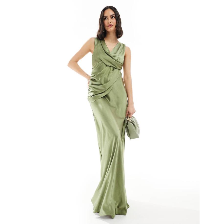 Six Stories Bruidsmeisjes Satijnen maxi-jurk met aangerimpelde bovenlaag in mosgroen Groen