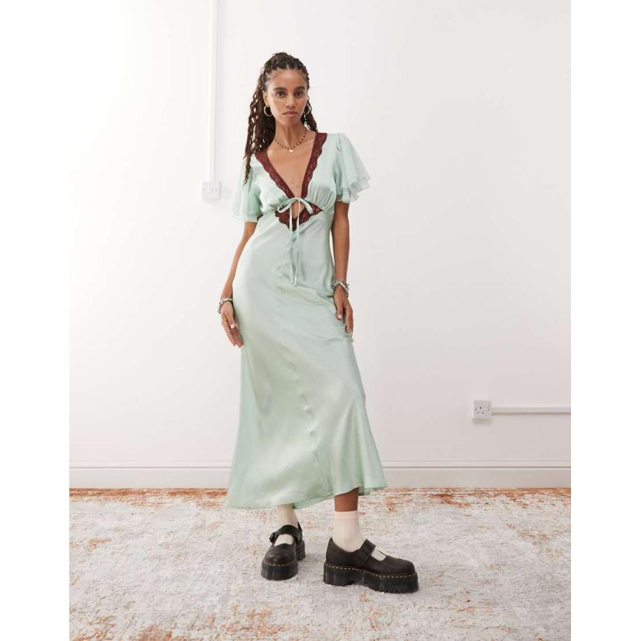 Reclaimed Vintage Nette maxi jurk met keyhole-uitsnijding in mintgroen met contrasterend kant Groen