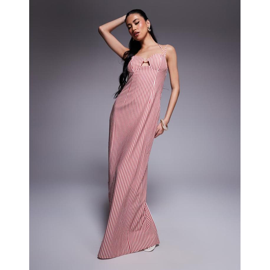 Kaiia Maxi halterjurk met structuur en opening aan de voorkant in rood en wit gestreept-Veelkleurig Multicolor