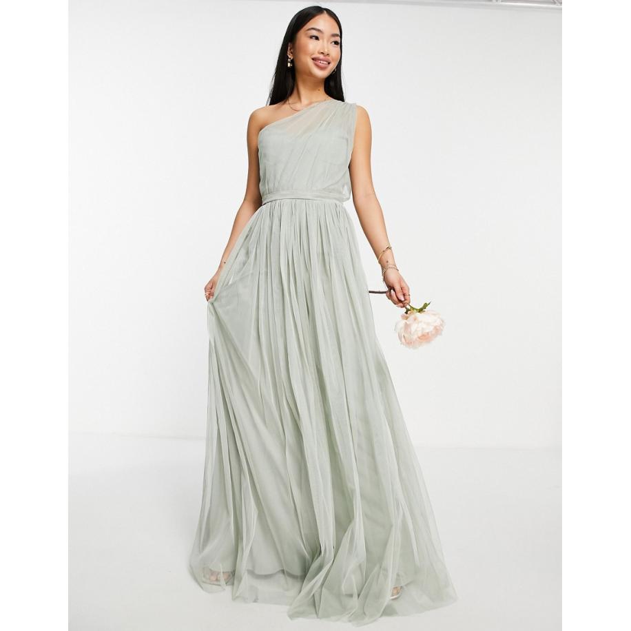 Anaya Bruidsmeisjes Maxi jurk van tule met blote schouder in saliegroen Groen