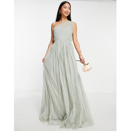 Anaya Bruidsmeisjes Maxi jurk van tule met blote schouder in saliegroen