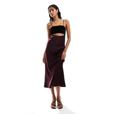 ASOS DESIGN Satijnen midaxi jurk met fluwelen buste en uitsnijding in bordeauxrood