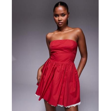 Kaiia Mini bandeau-skaterjurk van popeline met contrasterende kanten zoom in rood en wit-Veelkleurig