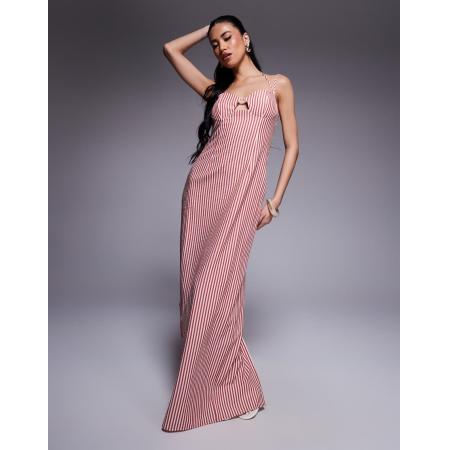 Kaiia Maxi halterjurk met structuur en opening aan de voorkant in rood en wit gestreept-Veelkleurig