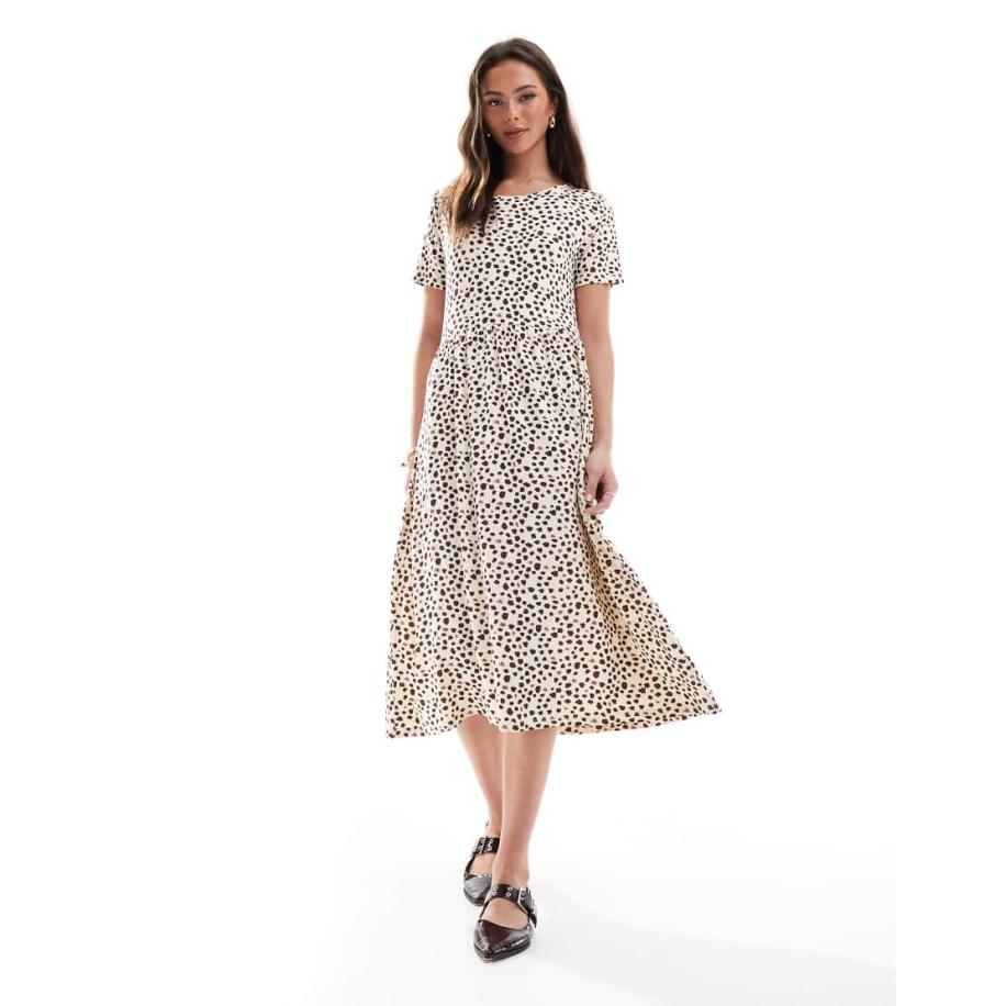 Wednesday's Girl Midi-jurk met korte mouwen en vlekken in crème en zwart-Wit Wit