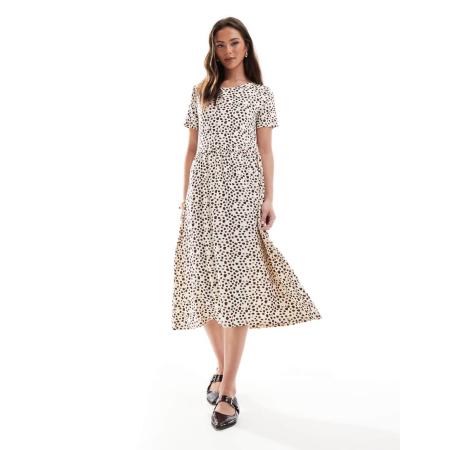 Wednesday's Girl Midi-jurk met korte mouwen en vlekken in crème en zwart-Wit