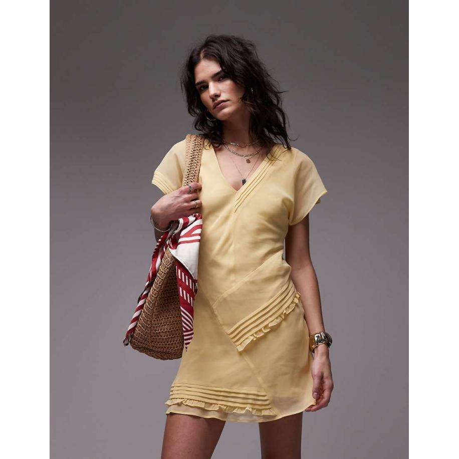 Topshop Nette mini jurk met inzetstukken met platgestikte plooitjes in lichtgeel-Wit Wit