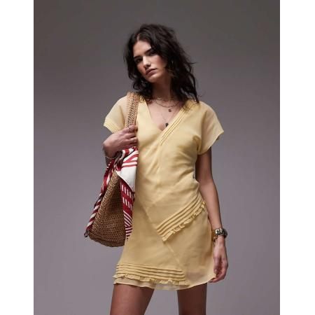 Topshop Nette mini jurk met inzetstukken met platgestikte plooitjes in lichtgeel-Wit