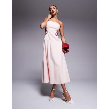 Forever New Maxi jurk met geborduurde taille en verlaagde zoom in poederroze