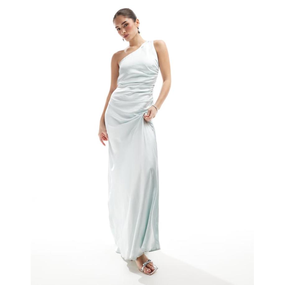 Six Stories Bruidsmeisjes Satijnen maxi-jurk met blote schouder in ijsblauw Blauw