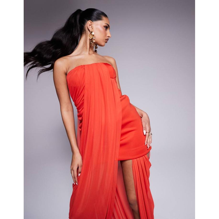 ASOS DESIGN Mini bandeau-jurk met mesh overlay sleep in rood Rood