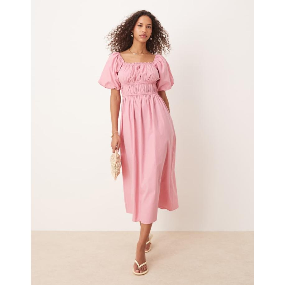 Nobody's Child Kurtis Midi-jurk met pofmouwen in roze Roze