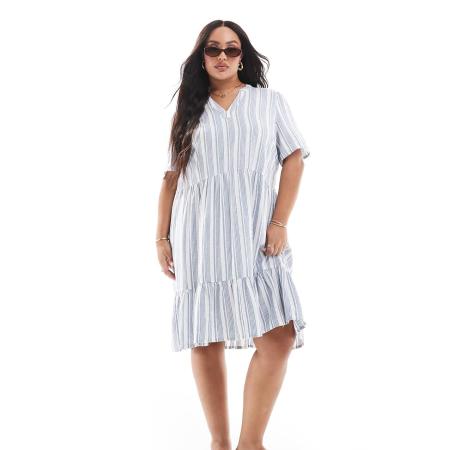 ONLY Curve Mini-jurk van linnenmix met V-hals en strepen in lichtblauw