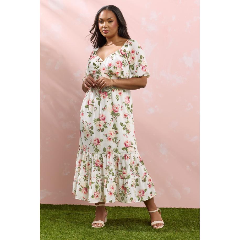 Yours Midaxi Jurk Met Bloemenmotief En Ruchezoom In Lichtroze/Wit Size 66-68 Roze