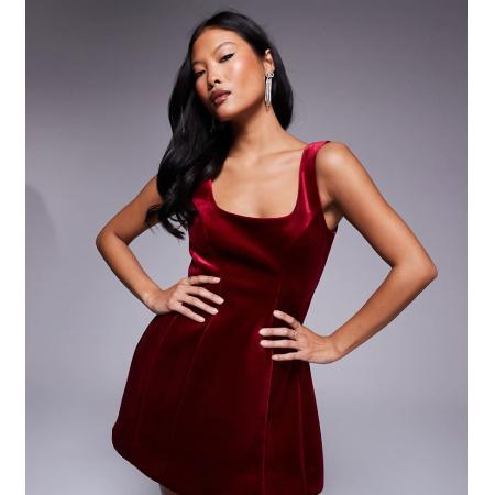 ASOS DESIGN Petite Mini jurk van fluweel met siernaden en vierkante halslijn in rood