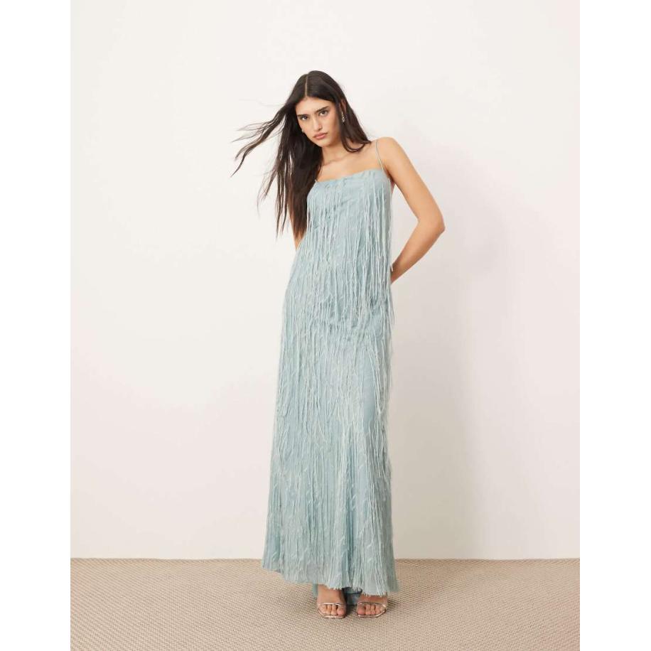 ARRANGE Schuingesneden maxi-jurk van satijn met franje in lichtblauw Blauw