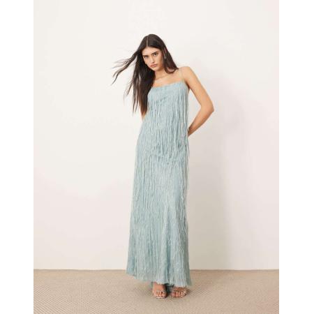 ARRANGE Schuingesneden maxi-jurk van satijn met franje in lichtblauw