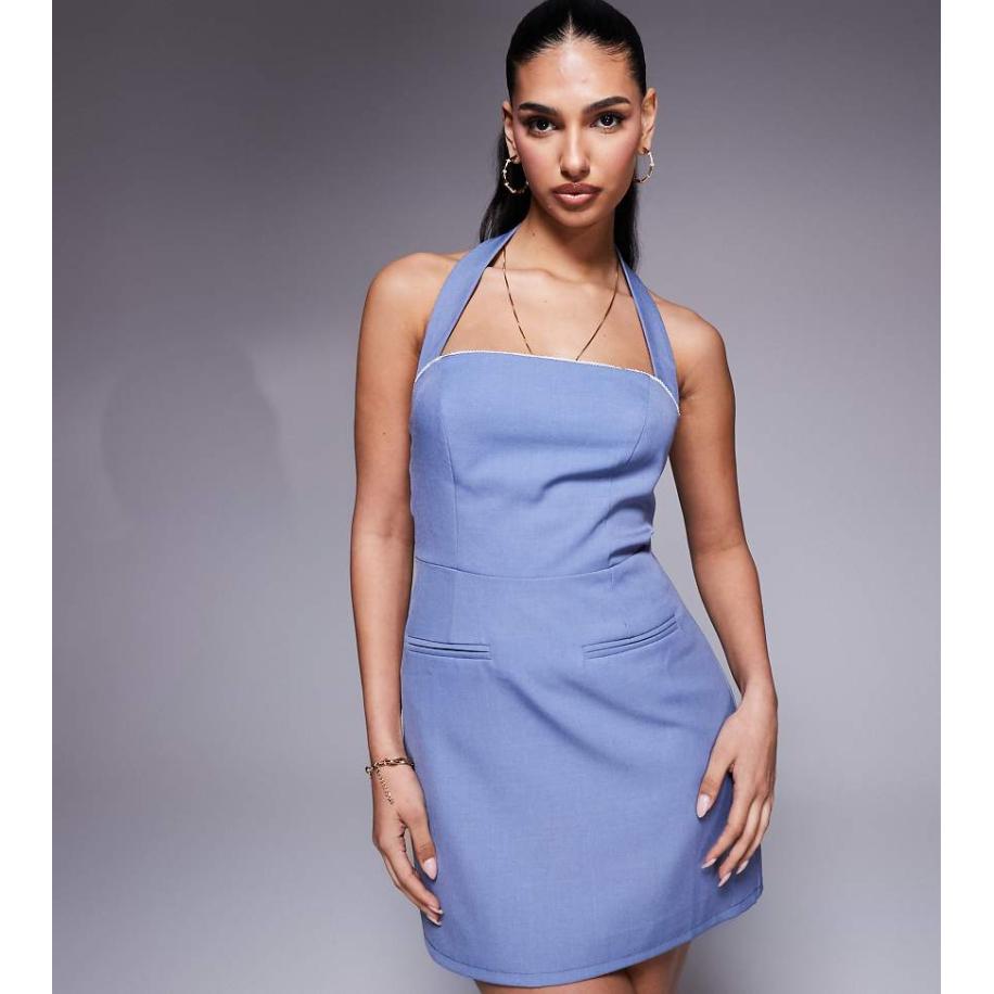 Kaiia Exclusives Elegante mini jurk met vierkante hals en halterkraag in blauw Blauw