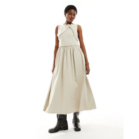 COLLUSION Aangerimpelde maxi jurk van keperstof met onafgewerkte zoom in stone-Grijs