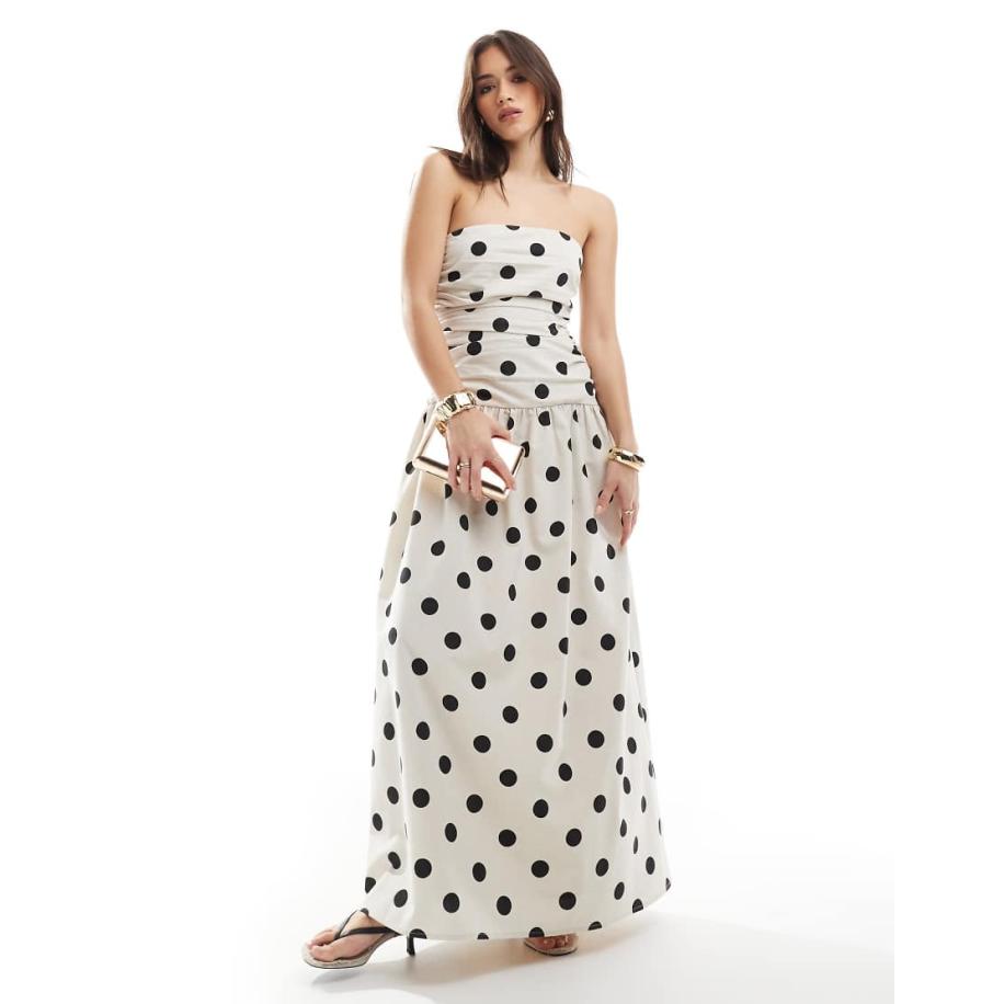 4th & Reckless Gerimpelde maxi bandeau-jurk van linnenmix met verlaagde taille in crème met stippen-Veelkleurig Multicolor