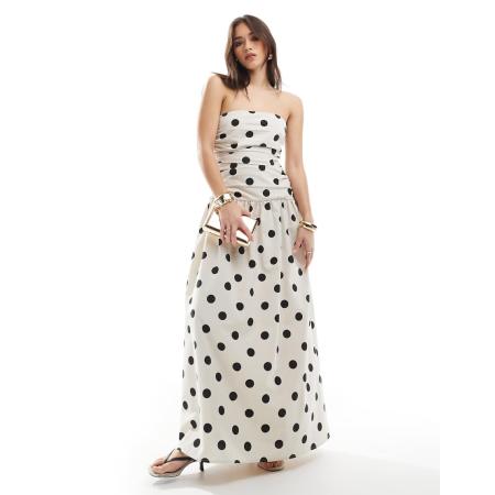 4th & Reckless Gerimpelde maxi bandeau-jurk van linnenmix met verlaagde taille in crème met stippen-Veelkleurig