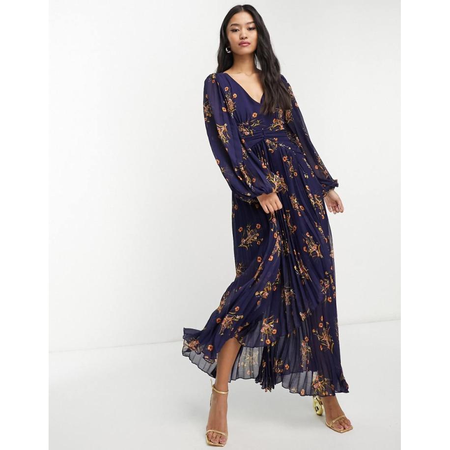 Style Cheat Geplooide midaxi jurk met ballonmouwen in marineblauwe bloemenprint Blauw