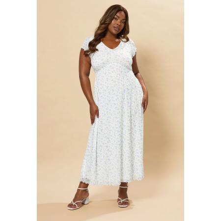 Yours Midaxi Jurk Van Mesh Met Bloemenmotief En Ruchemouwen In Wit Size 66-68