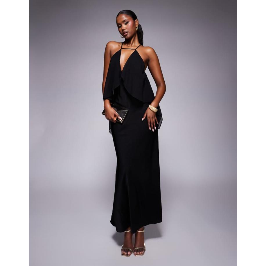ASOS DESIGN Maxi-jurk van satijnmix met gedrapeerd lijfje en gestrikte achterkant in zwart Zwart