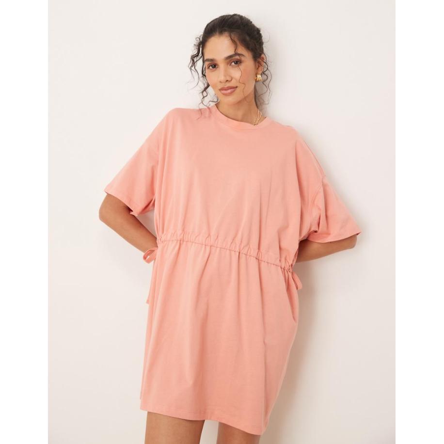 ASOS DESIGN Mini jurk met korte mouwen en aangerimpelde taille in terracotta-Roze Roze
