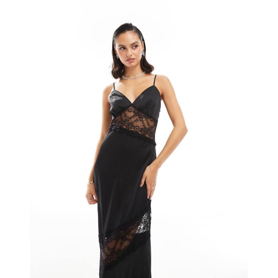 TFNC Satijnen maxi jurk met kanten inzetstuk in zwart Zwart