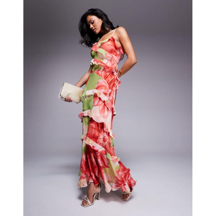 Forever New Maxi-jurk met ruches en bloemenprint in rood en limoengroen Groen