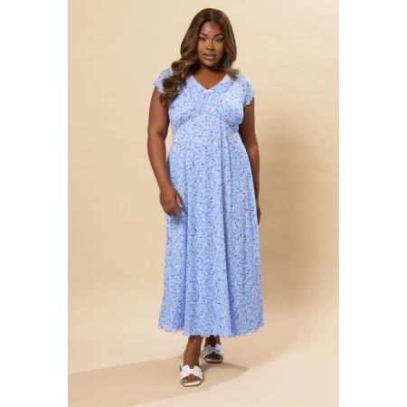 Yours Midaxi Jurk Van Mesh Met Bloemenmotief En Ruchemouwen In Blauw Size 66-68