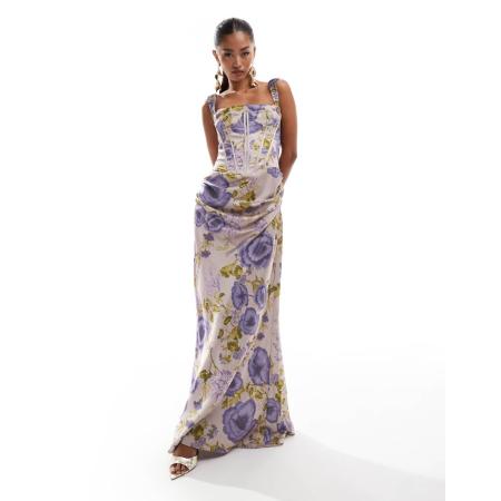 ASOS DESIGN Satijnen maxi jurk met korsetdetail en veters aan de achterkant in zachte bloemenprint-Veelkleurig
