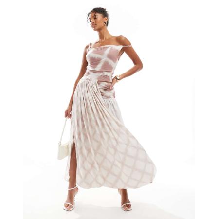 ASOS DESIGN Midi-jurk met gedraaid detail, omgevouwen rok en bruine tie-dyeprint-Veelkleurig