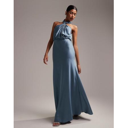 ASOS DESIGN Bruidsmeisjes Satijnen maxi-jurk met halternek en rimpeleffect in oudblauw