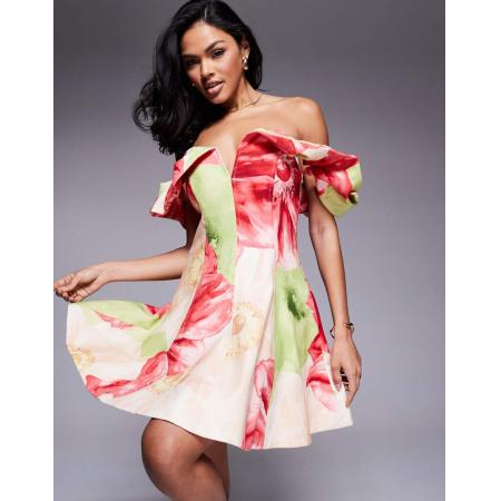 Forever New Mini-jurk met blote schouders en structuur in grote rode bloemenprint-Rood