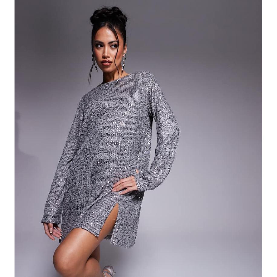 In The Style x Perrie Sian Exclusives Rechtvallende mini jurk met lange mouwen, lovertjes en split in zilver Zilver
