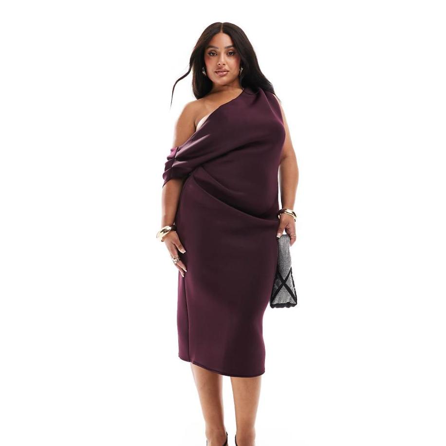 ASOS DESIGN Curve Midi-jurk met verlaagde schouders en plooien in aubergine-Paars Paars