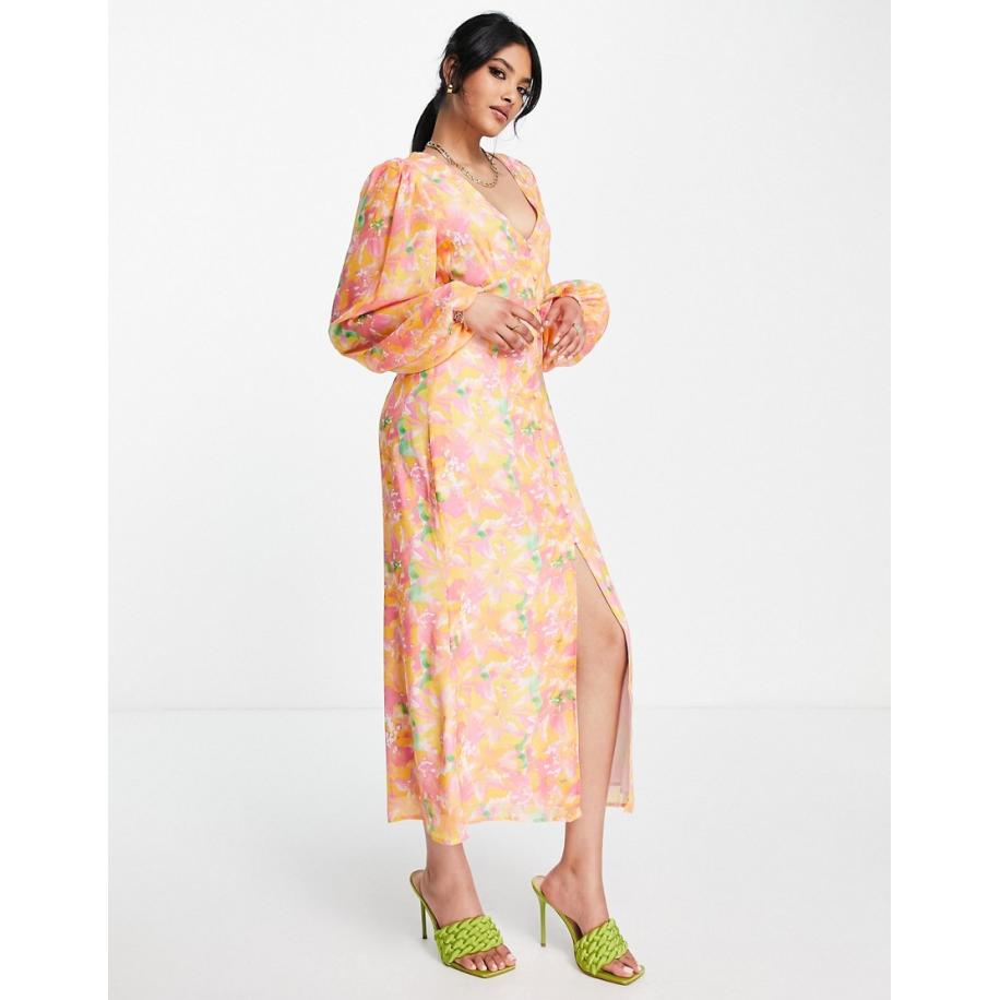 Pretty Lavish Midaxi jurk met ballonmouwen en abstracte bloemenprint in oranje-Veelkleurig Multicolor