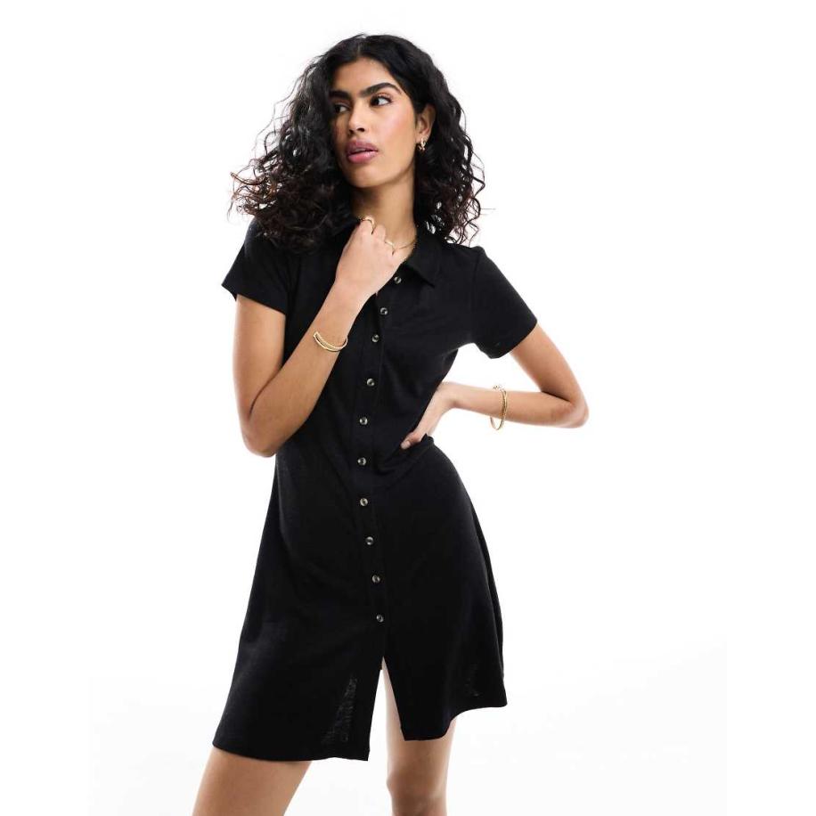 ASOS DESIGN Nette mini jurk met linnenlook, kraagje en knopen in zwart Zwart